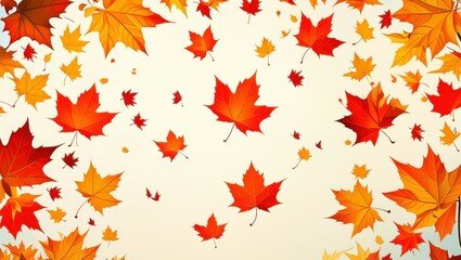 Fototapeta premium Autumn leaves, maple leaves, red and orange foliage, falling leaves, golden autumn colors, textured background, seasonal border, warm tones, nature-inspired design, scattered leaf pattern, harvest the