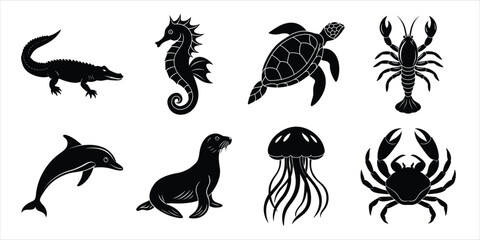 Ocean, Sea animals silhouette set. Aquatic animals life vector illustration design