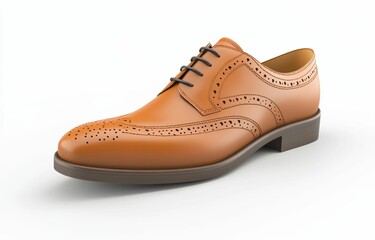 Fototapeta premium A formal brown leather brogue shoe with elegant perforations, displayed side on over a clean white surface to emphasize its classic appeal, isolated on clear white background.