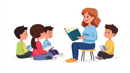 A teacher explaining a lesson to students while holding a book in her hands on a white isolated background