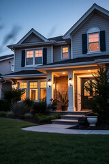 Fototapeta premium Luxury Dream Home at Dusk: Captivating Night View of a Stunning Suburban House Exterior