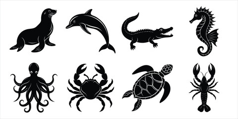 Ocean, Sea animals silhouette set. Aquatic animals life vector illustration design