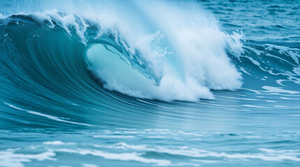 A close-up shows a large curling blue wave. The wave is in motion, with a cresting foam head at the top.