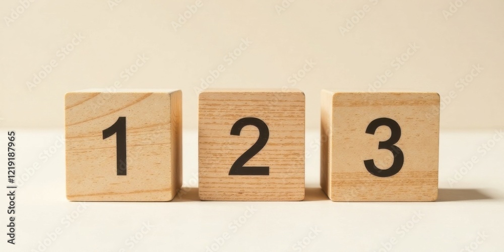 Aufkleber wooden blocks displaying sequential numbers one, two, and three on a light background
