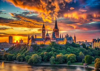 Obraz premium Ottawa Skyline Silhouette at Sunset, Canadian Capital City Panoramic View