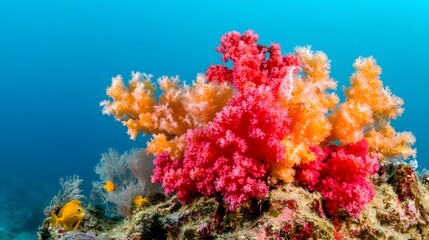 Fototapeta premium Vibrant Coral Reef Underwater with Colorful Marine Life on Clear Blue Background