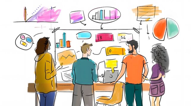 vibrant sketch notes illustrating customer satisfaction through bold concepts and colorful data representation. generative ai
