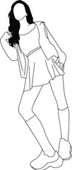 Line art depicting a woman in a trendy outfit emphasizing minimalist and contemporary style. A creative rendition of fashion and artistic expression in a simplistic drawing style.