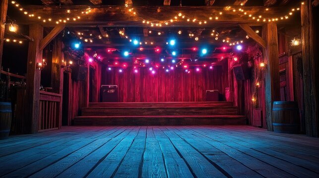 Illuminated Wooden Stage with String Lights and Barrels