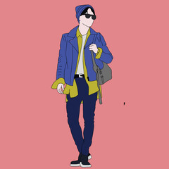 Illustration of a fashionable young man carrying a bag, wearing sunglasses and a colorful outfit, depicted against a pink backdrop. Ideal for style, fashion, and urban lifestyle themes.