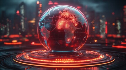 A glowing orb depicting the Earth with illuminated continents in a futuristic cityscape.