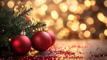 Christmas Decorations with Red Balls and Golden Lights