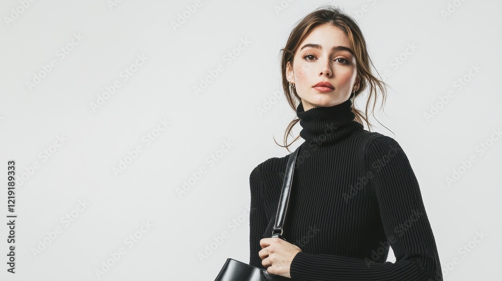 Wall mural A woman in a black leather mini skirt and turtleneck sweater, looking fashionable while holding a handbag on a white isolated background