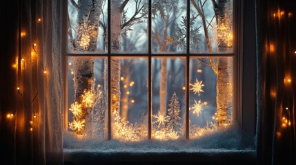 Naklejka premium Winter's Embrace: A Frosted Window Display