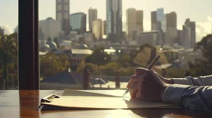Close-up of a focused executive signing an important document on a sleek wooden desk, with a blurred cityscape through a glass window, symbolizing decisive leadership at 50mm f/1.8.