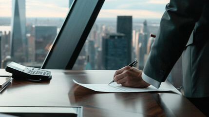 Obraz premium Close-up of a focused executive signing an important document on a sleek wooden desk, with a blurred cityscape through a glass window, symbolizing decisive leadership at 50mm f/1.8.