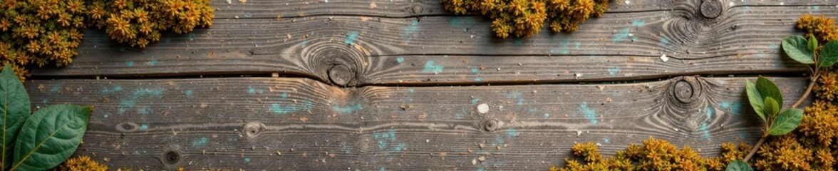 Fototapeta premium Distressed wood texture with moss and lichen growth, earthy, outdoors