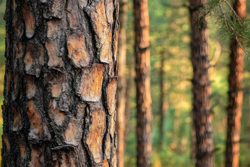 Obraz premium Pine tree, bark close-up. Close-up of pine bark in the forest for a natural background. Nature. Details. Focus on pine tree trunk with blurred background