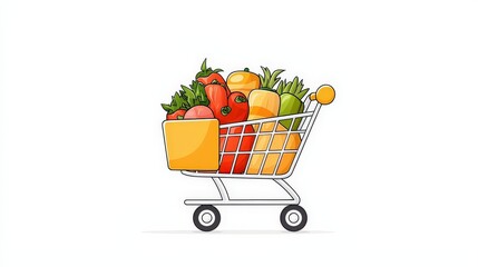 Colorful Shopping Cart Filled With Fresh Fruits And Vegetables Isolated On White Background