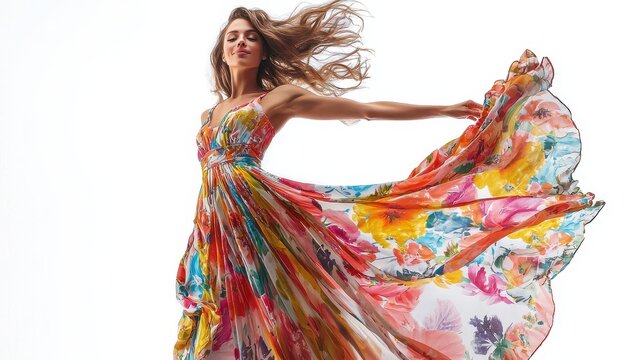 A woman in a colorful floral maxi dress, twirling with a carefree expression and hair flowing on a white isolated background