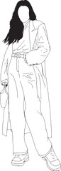 Minimalist line art depicting a fashionable woman in trendy apparel and accessories,emphasizing contemporary style and elegance.