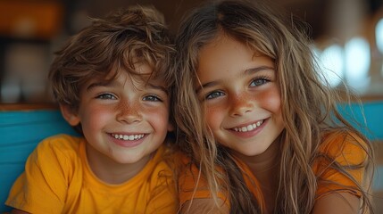 Fototapeta premium Adorable Siblings, Golden Hour Portraits, Happy Kids, Childhood Joy, Brother and Sister