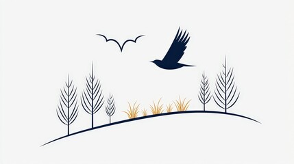Obraz premium Minimalist Landscape with Flying Bird and Stylized Trees in Blue and Gold Tones