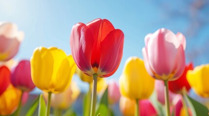 Obraz premium Colorful tulips against blue sky background. Spring garden concept. Image for seasonal greeting cards with copy space.