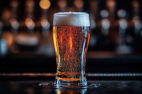 Close-up of a pint glass filled with golden beer and foam, showcasing rising bubbles, set against a blurred bar background with warm lighting. - Powered by Adobe