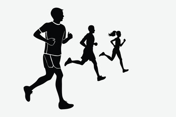 running silhouettes. Mixed runners in silhouette. Man running on the  beach. silhouette male and female runing on exercise and have a healthy lifestyle.