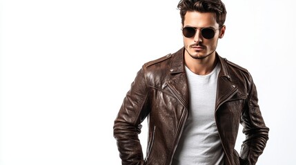 Fototapeta premium A male model wearing a vintage leather jacket and sunglasses, posing with his hand in his pocket on a white isolated background