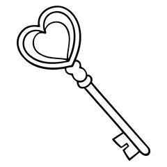 Romantic Key with Heart Handle Vector Line Art