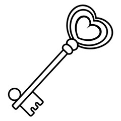 Romantic Key with Heart Handle Vector Line Art