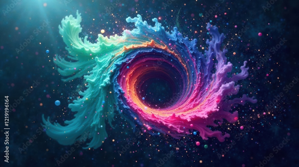 Poster Vibrant swirling vortex of colorful liquid paint creating a mesmerizing cosmic nebula effect with sparkling particles in a dark background