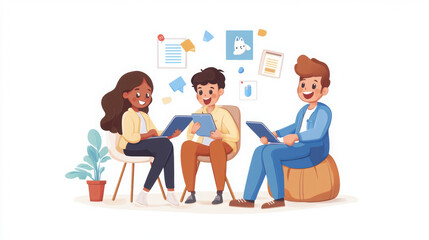 Creative team collaboration with tablets and documents