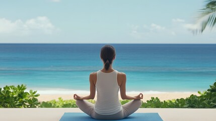 Fototapeta premium Woman Meditating on Yoga Mat with Serene Beach Background for Mindful Lifestyle