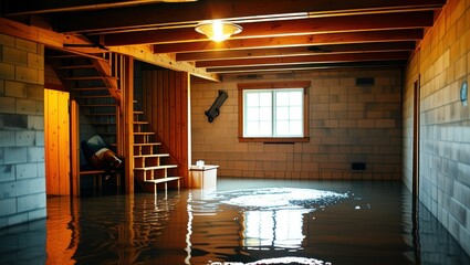 Interior flooded room, wooden walls and ceiling, bright window, submerged furniture, reflective water surface, moody lighting, abandoned building, surreal atmosphere, post-apocalyptic scene, cinematic