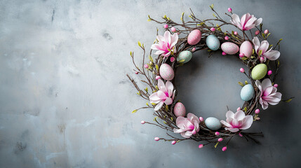 Handmade wreath of blooming magnolia branches with pastel Easter eggs tucked among petals, hanging...