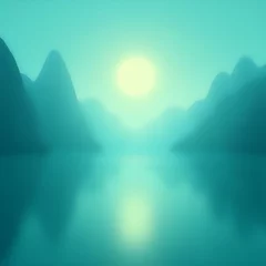 Gordijnen A serene landscape with a glowing sun casting a warm glow over a body of water that reflects the distant mountains, creating a tranquil atmosphere. © Masum