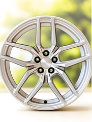 Obraz premium Showcasing modern alloy wheel design automotive showroom product photography bright atmosphere close-up style and innovation