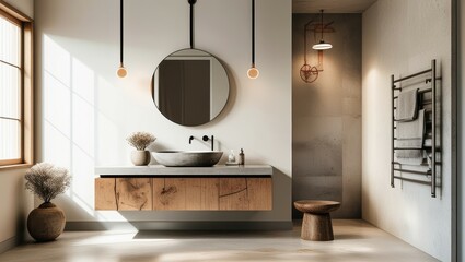 Modern minimalist bathroom, wooden vanity cabinet, large round mirror, pendant light, textured white walls, natural light, earthy tones, zen atmosphere, sleek design, contemporary interior, spa-like a