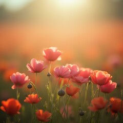 Fototapeta premium The image depicts a field of vibrant pink flowers in the foreground, with a soft blur of warm orange and yellow hues in the background, suggesting a sunrise or sunset.