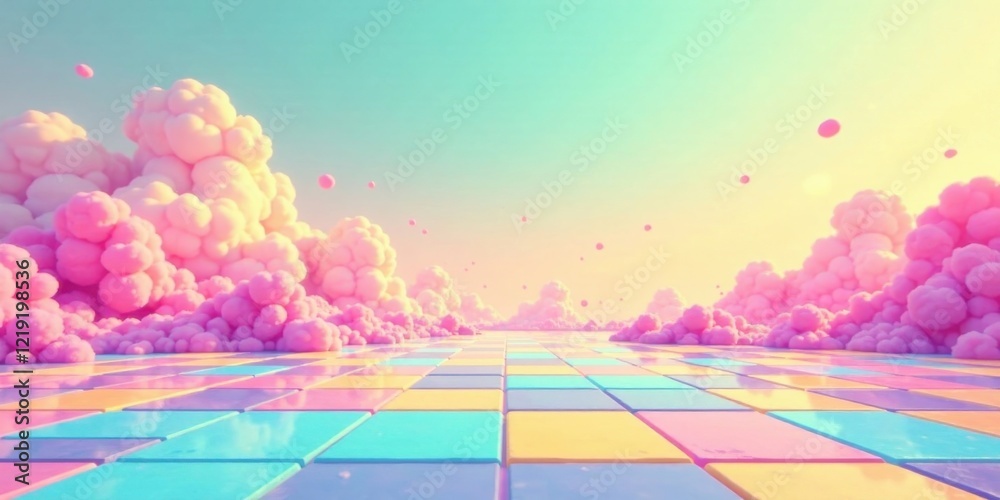 Poster pastel dreamscape a serene path through fluffy clouds and a checkered floor of vivid hues
