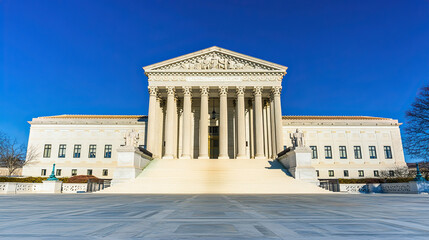 Obraz premium Courthouse pillars standing tall against a clear blue sky, symbolizing justice, law, and the enduring strength of the legal system in society.