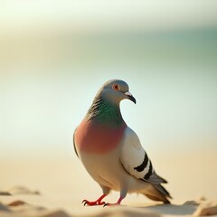Fototapeta premium A close-up image of a pigeon on a sandy beach, with a blurred backdrop of the beach and sky.
