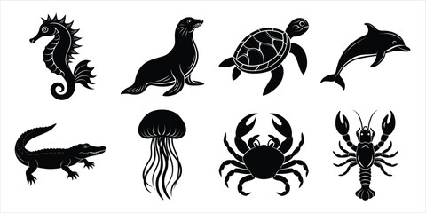 Ocean, Sea animals silhouette set. Aquatic animals life vector illustration design