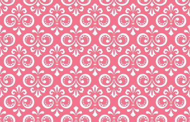 Wallpaper in the style of Baroque. Seamless vector background. White and pink floral ornament. Graphic pattern for fabric, wallpaper, packaging. Ornate Damask flower ornament