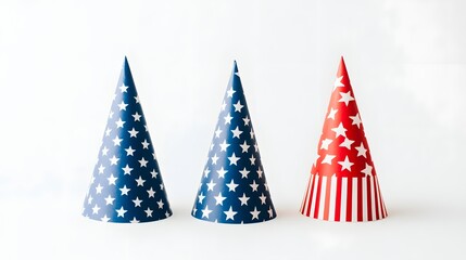 Obraz premium Patriotic Party Hats with American Flag Patterns on Clean Background