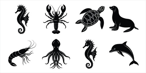 Ocean, Sea animals silhouette set. Aquatic animals life vector illustration design