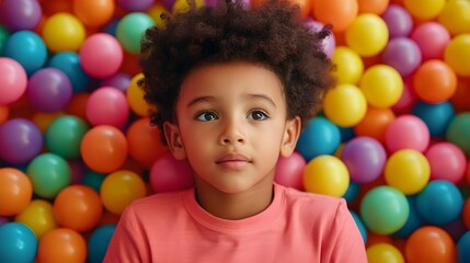 Fototapeta premium Cheerful Child Sitting in Colorful Ball Pit for Party Promotion